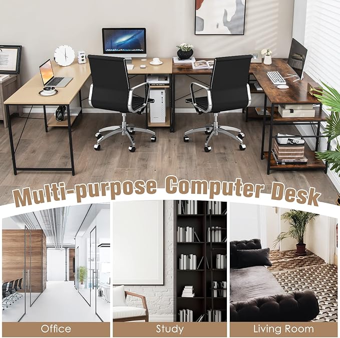 L-Shaped Home Office Desk, Corner Computer Desk w/Monitor Stand, Reversible PC Desk w/Heavy-Duty Metal Frame, Long Office Desk for 2 Person, Space-Saving Design (Natural) - LeafyLoom