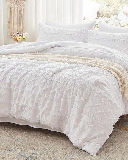 Anluoer King Comforter Set 7 Pieces, White Tufted Bed in a Bag with comforters and sheets, All Season Bedding Sets with 1 Comforter, 2 PillowShams, 2 Pillowcases, 1 Flat Sheet, 1 Fitted Sheet - LeafyLoom