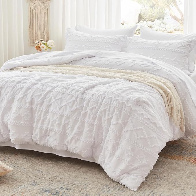 Anluoer King Comforter Set 7 Pieces, White Tufted Bed in a Bag with comforters and sheets, All Season Bedding Sets with 1 Comforter, 2 PillowShams, 2 Pillowcases, 1 Flat Sheet, 1 Fitted Sheet - LeafyLoom