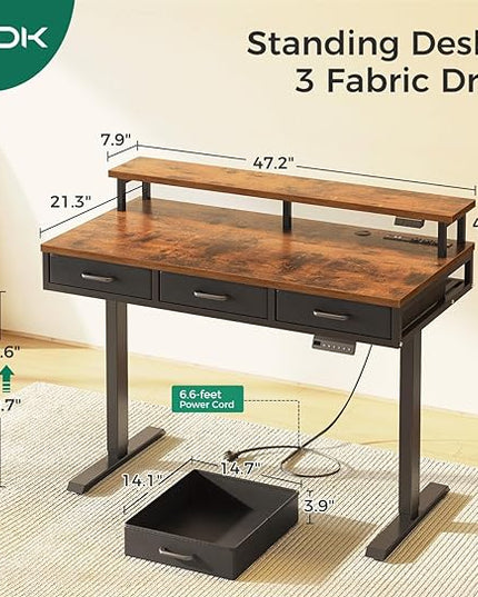 AODK 47 Inch Electric Standing Desk with 3 Drawers, Brown, Height Adjustable Desk with Power Outlets & LED Lights, Stand Up Desk with Monitor Shelf, Sit Stand Desk Computer Workstation - LeafyLoom