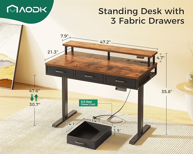 AODK 47 Inch Electric Standing Desk with 3 Drawers, Brown, Height Adjustable Desk with Power Outlets & LED Lights, Stand Up Desk with Monitor Shelf, Sit Stand Desk Computer Workstation - LeafyLoom