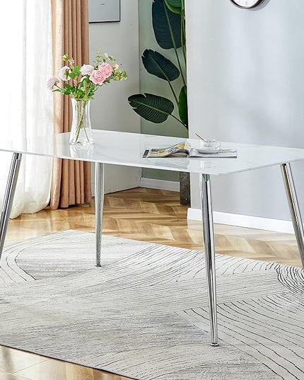 NicBex 63Inch Rectangular Dining Table,Modern Kitchen Table with White Imitation Marble Tabletop and Silver Metal Legs for 6 to 8,Large Dining Room Table for Kitchen,Meeting Living Room,White - LeafyLoom