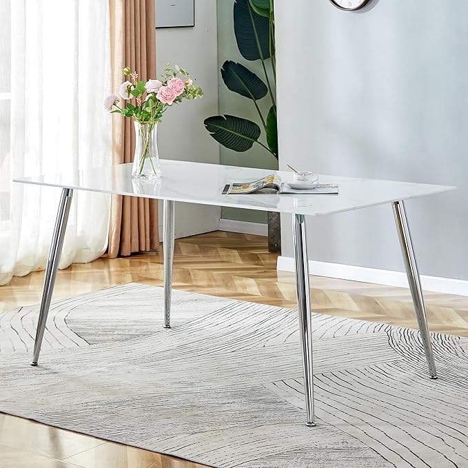 NicBex 63Inch Rectangular Dining Table,Modern Kitchen Table with White Imitation Marble Tabletop and Silver Metal Legs for 6 to 8,Large Dining Room Table for Kitchen,Meeting Living Room,White - LeafyLoom