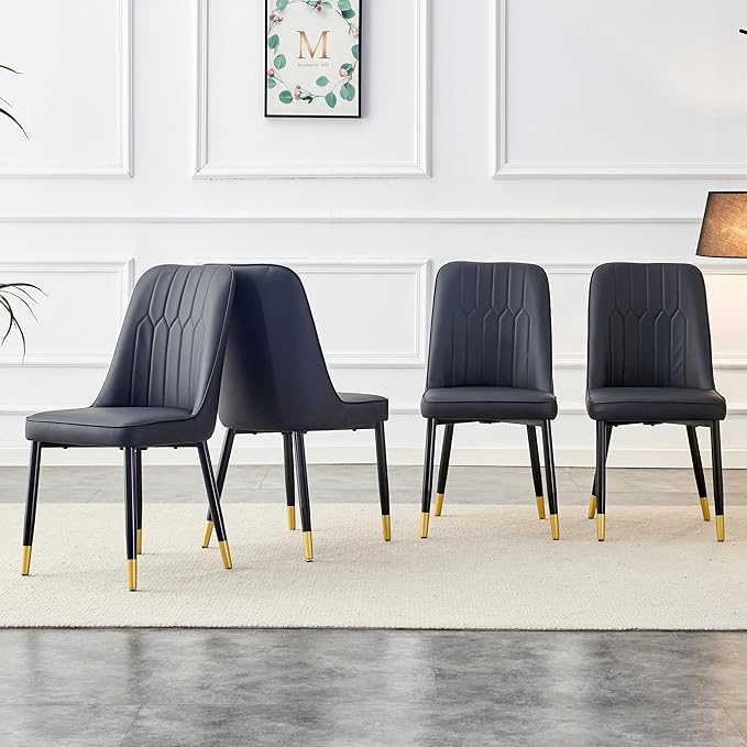 Modern Set of 4, Faux Leather Dining PU Upholstered Black Kitchen Chair Golden Metal Legs for Home Living Room, Restaurant, 4 Piece - LeafyLoom