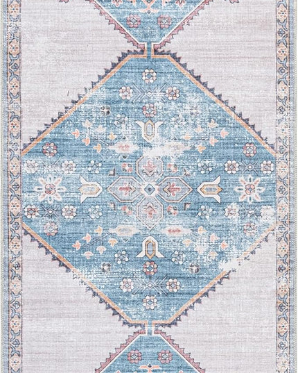 nuLOOM Olga Machine Washable Distressed Vintage Medallion Ultra Thin Runner Rug, 2' 6" x 8', Blue - LeafyLoom