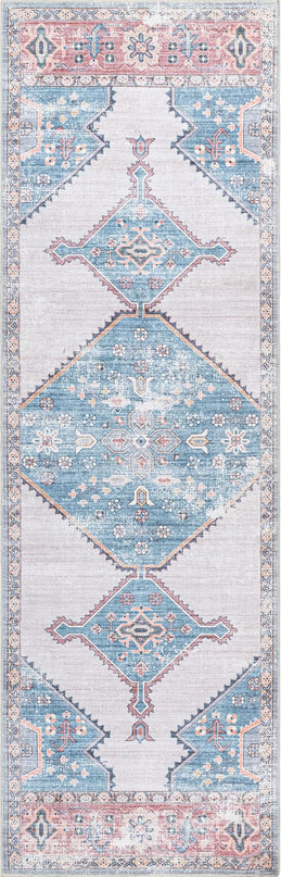 nuLOOM Olga Machine Washable Distressed Vintage Medallion Ultra Thin Runner Rug, 2' 6" x 8', Blue - LeafyLoom