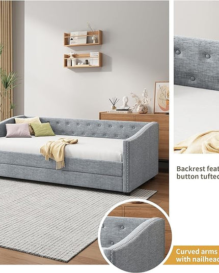 Twin Daybed Frame with Trundle,Upholstered Sofa Bed W/Button & Nailhead Tufted Design,Wood Slats Support,Saving Space,Linen Fabric Bedframe for Living Room Bedroom Apartment,Light Gray - LeafyLoom