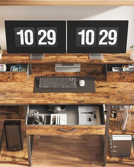 Treesland 47 Inch Multifunctional Computer Desk with Monitor Shelf, Professional Dual Tiers Writing Desk, 3 Drawers, and Storage - Sturdy Home Office Desk, Brown - LeafyLoom