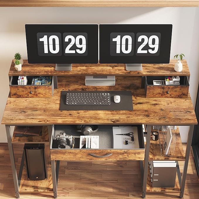 Treesland 47 Inch Multifunctional Computer Desk with Monitor Shelf, Professional Dual Tiers Writing Desk, 3 Drawers, and Storage - Sturdy Home Office Desk, Brown - LeafyLoom