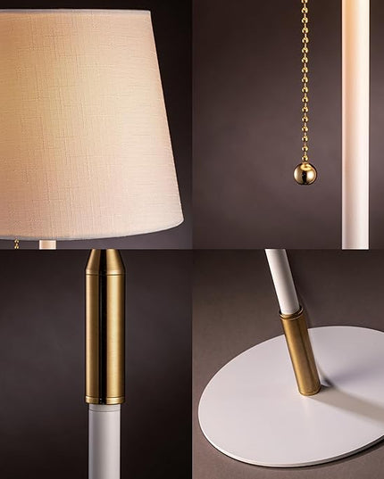 O'Bright Velum Floor Lamp - Elegant Linen Shade, Pull Chain Switch, Luxury Gold Handle, Modern Minimalist Design - Perfect for Living Room, Bedroom, Office - White - LeafyLoom