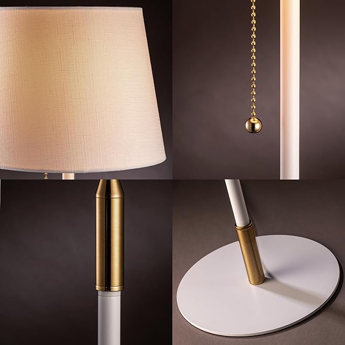 O'Bright Velum Floor Lamp - Elegant Linen Shade, Pull Chain Switch, Luxury Gold Handle, Modern Minimalist Design - Perfect for Living Room, Bedroom, Office - White - LeafyLoom