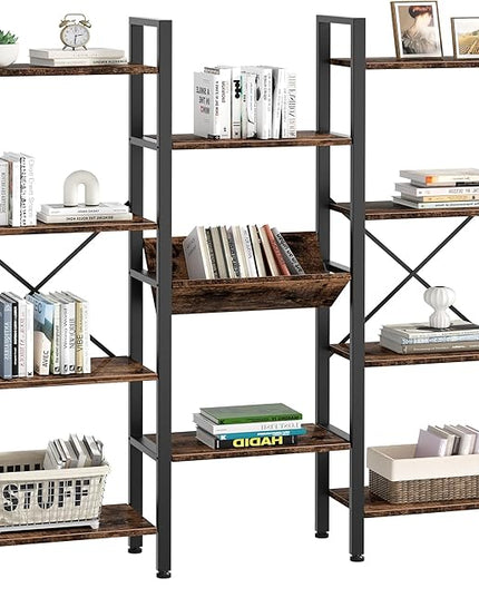 Shintenchi Industrial Bookcase,71.6” Triple 4 Tier Bookshelf with 11 Open Display Shelves,Large Etagere Bookshelf Open Record Player Shelves,Wide Book Shelf Book Case for Home & Office,Rustic Brown - LeafyLoom