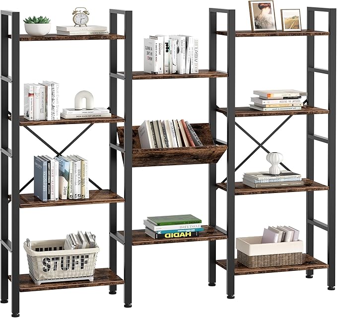 Shintenchi Industrial Bookcase,71.6” Triple 4 Tier Bookshelf with 11 Open Display Shelves,Large Etagere Bookshelf Open Record Player Shelves,Wide Book Shelf Book Case for Home & Office,Rustic Brown - LeafyLoom