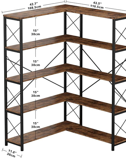 IRONCK 5-Shelf Corner Bookcase, Vintage Industrial Corner Bookshelf Etagere Bookcase, 5 Tier Corner Shelf Storage Rack with Metal Frame for Living Room Home Office - LeafyLoom