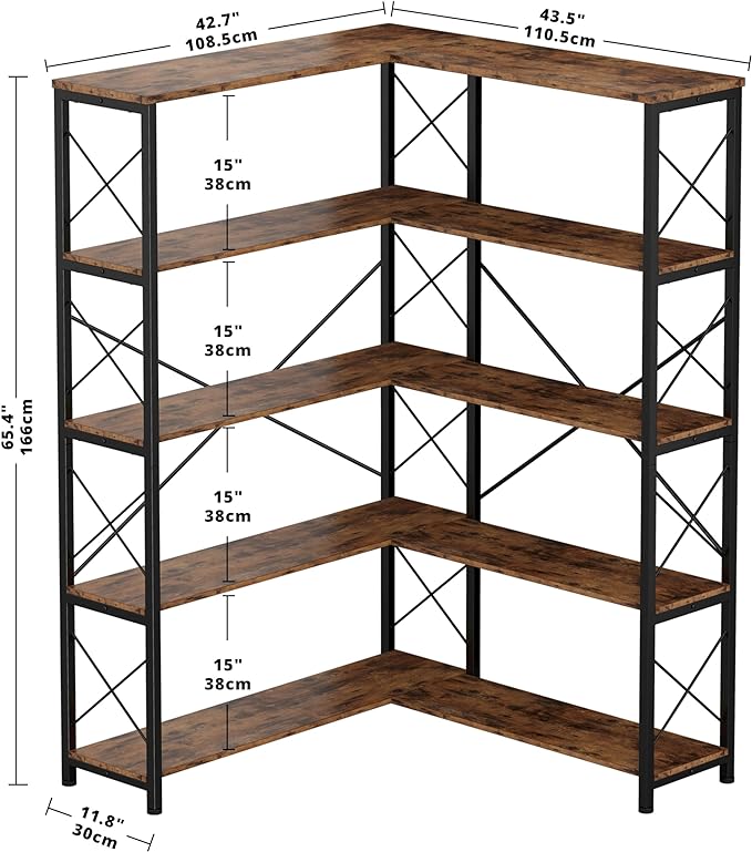 IRONCK 5-Shelf Corner Bookcase, Vintage Industrial Corner Bookshelf Etagere Bookcase, 5 Tier Corner Shelf Storage Rack with Metal Frame for Living Room Home Office - LeafyLoom