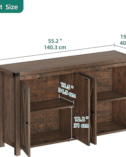 YITAHOME 55'' Sideboard Buffet Cabinet with Storage with 4 Doors, Farmhouse Large Kitchen Storage Cabinet, Wood Coffee Bar Cabinet with Barn Doors ＆ Adjustable Shelf for Kitchen, Living Room, Brown - LeafyLoom