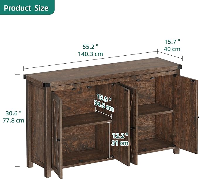 YITAHOME 55'' Sideboard Buffet Cabinet with Storage with 4 Doors, Farmhouse Large Kitchen Storage Cabinet, Wood Coffee Bar Cabinet with Barn Doors ＆ Adjustable Shelf for Kitchen, Living Room, Brown - LeafyLoom