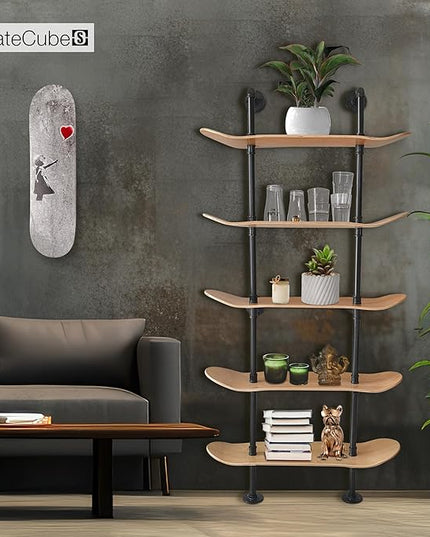 Industrial Shelves - 5 Tier Industrial Decor Pipe Bookcase Using 7 Ply Skateboard Decks - Natural Wood Stain Finish - Bathroom Wall Decor, Living Room Furniture, Book Shelf for Skateboard Enthusiasts - LeafyLoom