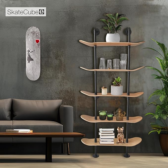 Industrial Shelves - 5 Tier Industrial Decor Pipe Bookcase Using 7 Ply Skateboard Decks - Natural Wood Stain Finish - Bathroom Wall Decor, Living Room Furniture, Book Shelf for Skateboard Enthusiasts - LeafyLoom