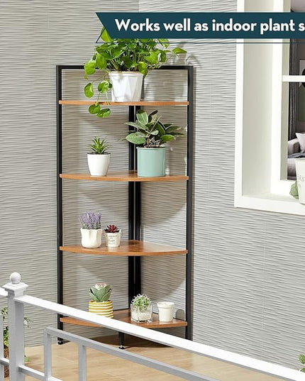 SAYGOER Corner Bookshelf 4 Tier Stand Storage Shelf Modern Black Bookcase Ladder Standing Shelves Display Rack Plant Stand for Small Spaces, Bedroom, Living Room,Walnut Oak - LeafyLoom