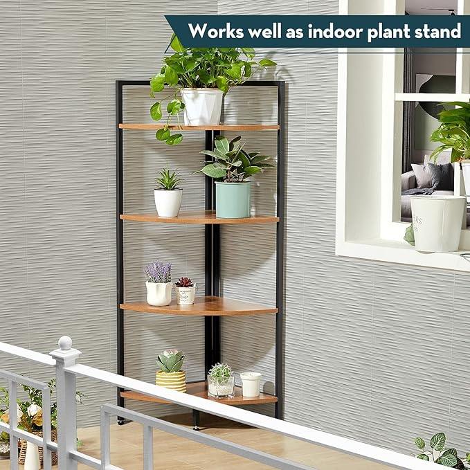 SAYGOER Corner Bookshelf 4 Tier Stand Storage Shelf Modern Black Bookcase Ladder Standing Shelves Display Rack Plant Stand for Small Spaces, Bedroom, Living Room,Walnut Oak - LeafyLoom