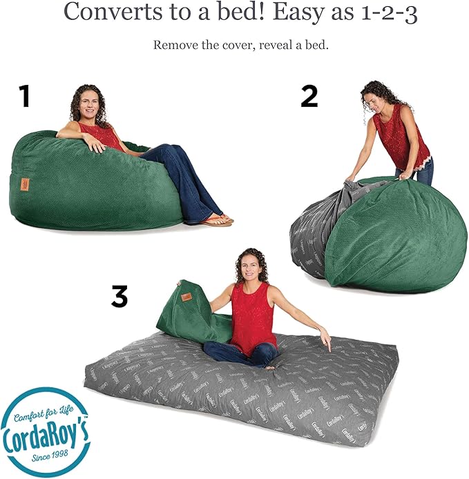 CordaRoy's Chenille Bean Bag - Convertible Bean Bag Chair & Bed - Machine-Washable Chenille Fabric Cover - for Basement, Living Room, Game Room, Dorm & More - Full Size - Rainforest - LeafyLoom
