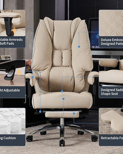 Big and Tall Office Chair 400lbs Wide Seat, Leather High Back Executive Office Chair with Foot Rest, Ergonomic Office Chair Lumbar Support for Lower Back Pain Relief (Beige) - LeafyLoom