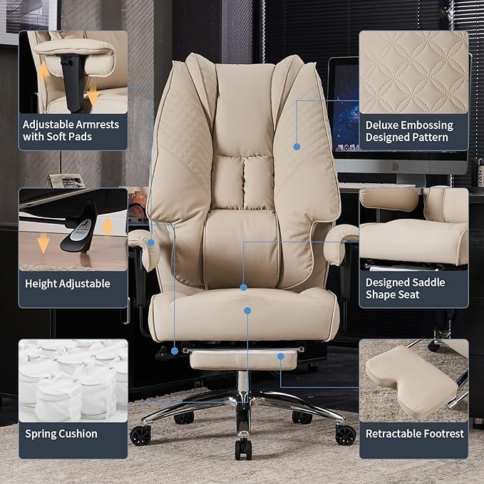 Big and Tall Office Chair 400lbs Wide Seat, Leather High Back Executive Office Chair with Foot Rest, Ergonomic Office Chair Lumbar Support for Lower Back Pain Relief (Beige) - LeafyLoom