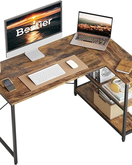 Bestier Small L Shaped Desk with Shelves 47 Inch Reversible Corner Computer Desk Writing Gaming Storage Table for Home Office Small Space, Rustic Brown - LeafyLoom