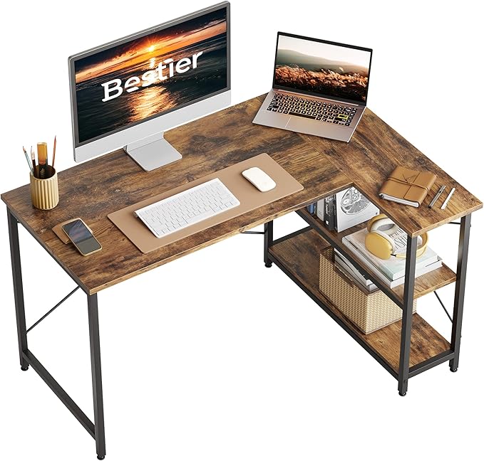 Bestier Small L Shaped Desk with Shelves 47 Inch Reversible Corner Computer Desk Writing Gaming Storage Table for Home Office Small Space, Rustic Brown - LeafyLoom