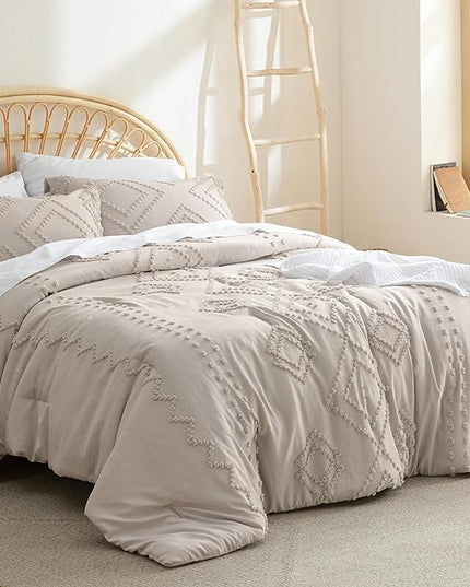 Bedsure Boho Comforter Set Full - Linen Tufted Bedding Comforter Set, 3 Pieces Farmhouse Shabby Chic Embroidery Bedding Set, Soft Geometric Pattern Comforter for All Seasons - LeafyLoom