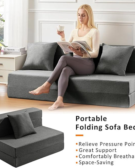 Twin Size Folding Sofa Bed - 4 in 1 Sleeper Chair with Pillow - High Density Memory Foam Fold Out Couch with Washable Modern Linen Cover for Apartment (Dark Grey) - LeafyLoom