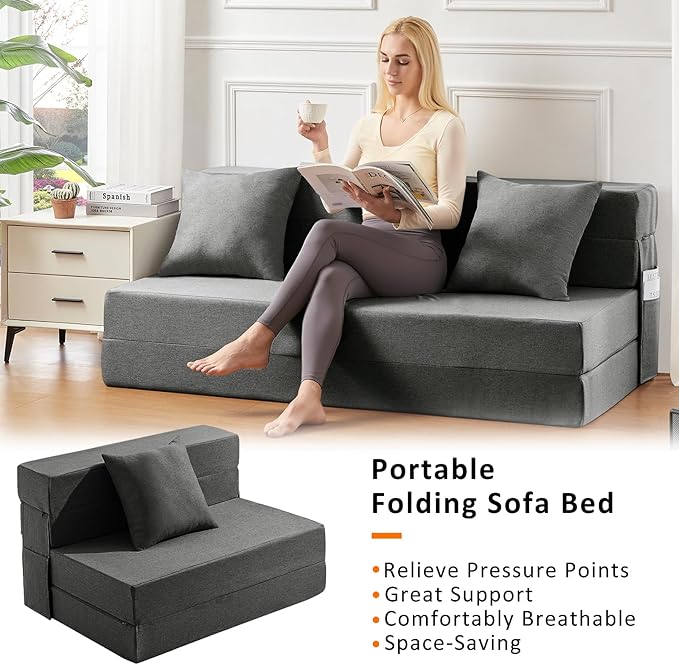 Twin Size Folding Sofa Bed - 4 in 1 Sleeper Chair with Pillow - High Density Memory Foam Fold Out Couch with Washable Modern Linen Cover for Apartment (Dark Grey) - LeafyLoom