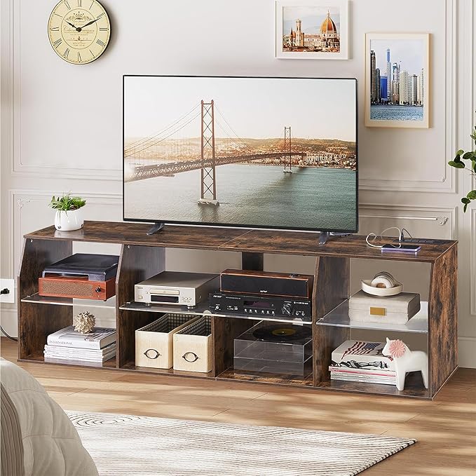 VECELO LED Gaming TV Stand with Power Outlets Television Cabinet with 7 Open Storage Shelves, Industrial Entertainment Center for Living Room and Bedroom, Retro Brown, 55inch - LeafyLoom