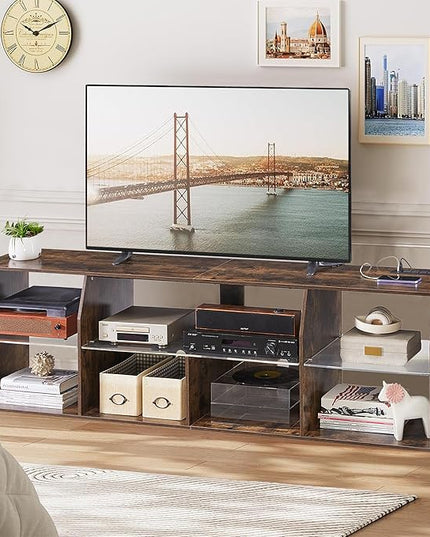 VECELO LED Gaming TV Stand with Power Outlets Television Cabinet with 7 Open Storage Shelves, Industrial Entertainment Center for Living Room and Bedroom, Retro Brown, 65inch - LeafyLoom