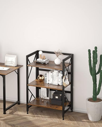 Folding Bookshelf 3 Tier No Assembly Bookcase Industrial Storage Shelves Plant Flower Stand Storage Rack for Home Office Rustic Brown - LeafyLoom