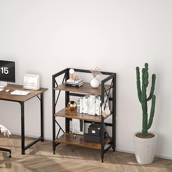 Folding Bookshelf 3 Tier No Assembly Bookcase Industrial Storage Shelves Plant Flower Stand Storage Rack for Home Office Rustic Brown - LeafyLoom