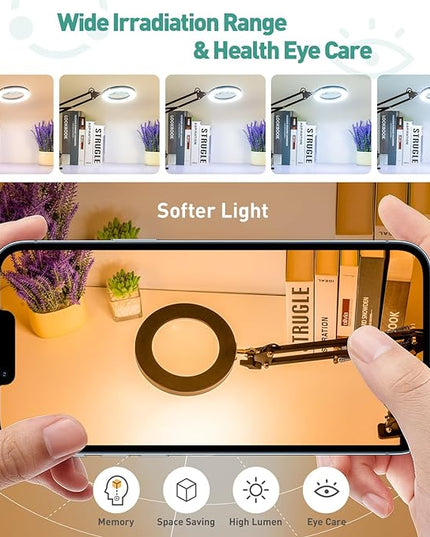 10X Magnifying Glass with Light, KUVRS 1,800 Lumen 3 Color Stepless Dimming, 4.2 Inch Real Glass Lens LED Lighted Magnifier, Adjustable Swing Arm with Clamp Desk Lamp for Craft Repair Crochet Puzzles - LeafyLoom