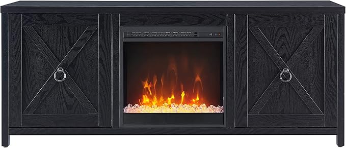 Henn&Hart Rectangular TV Stand with Crystal Fireplace for TV's up to 65" in Black, Electric Fireplace TV Stands for the Living Room - LeafyLoom