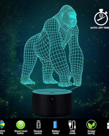 Elstey 3D Gorilla Lamp Mood Lamp 16 Color Nursery Night Lights Illusion Acrylic LED Table Bedside Lamp, Children Bedroom Desk Decor, Birthday Christmas Gift Cute Toy for Kids Adult - LeafyLoom