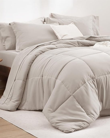 Bedsure Beige Full Size Comforter Set - 7 Pieces Solid Full Bed in a Bag, Full Bed Set Beige with Quilted Warm Fluffy Comforters, Sheets, Pillowcases & Shams - LeafyLoom