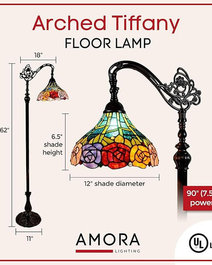 Amora Tiffany Floor Lamp - Arched, Stained Glass 62” with Foot Switch Operation and Adjustable Lamp Shade - Custom Handcrafted Floor Lamps for Living Room in Red Yellow Green Rose Flower - LeafyLoom