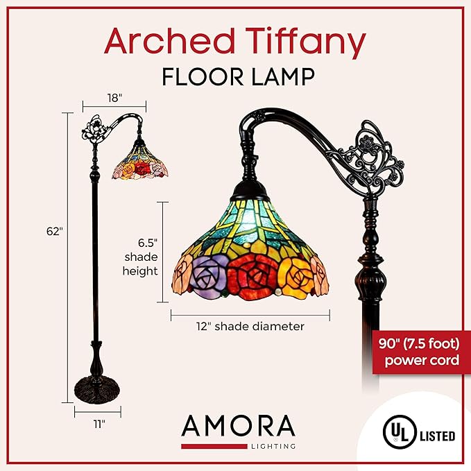 Amora Tiffany Floor Lamp - Arched, Stained Glass 62” with Foot Switch Operation and Adjustable Lamp Shade - Custom Handcrafted Floor Lamps for Living Room in Red Yellow Green Rose Flower - LeafyLoom