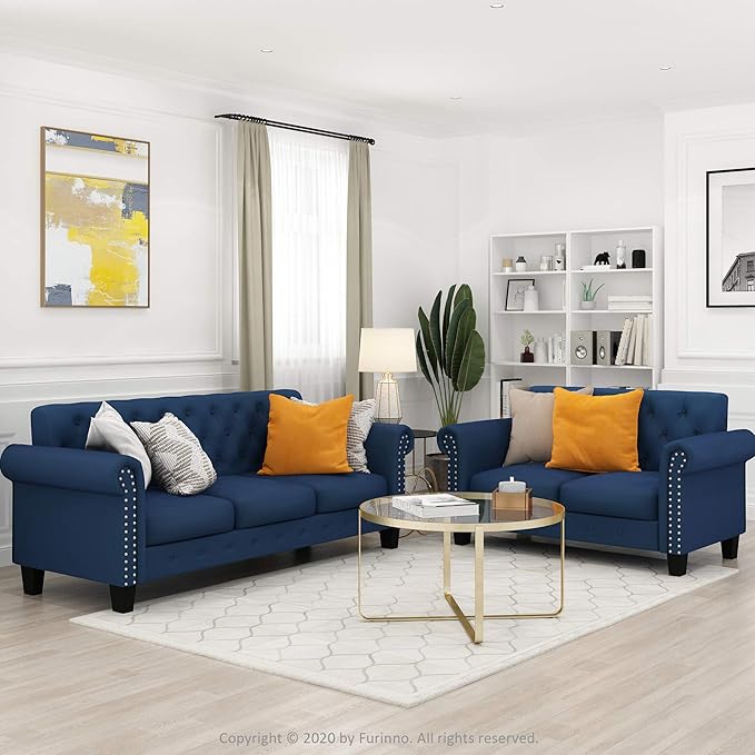 Furinno Bastia Vintage Modern Chesterfield Button Tufted Loveseat/Sofa Couch for Living Room, Navy Velvet - LeafyLoom