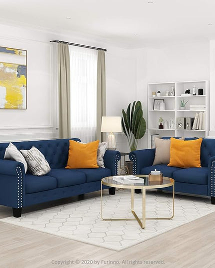 Furinno Bastia Vintage Modern Chesterfield Button Tufted 3-Seater Sofa Couch for Living Room, Navy Velvet - LeafyLoom