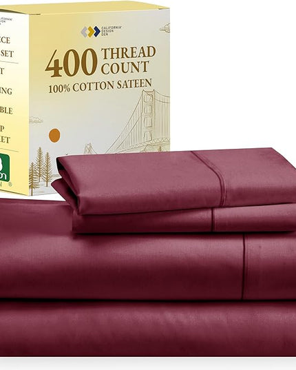 California Design Den Softest 100% Cotton Sheets, Full Size Sheet Sets, 4 Pc, 400 Thread Count Sateen Bedding, Deep Pocket Sheets, Cooling Sheets, Full Size Sheets, Breathable Bed Set (Burgundy Red) - LeafyLoom