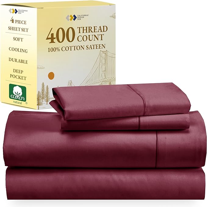 California Design Den Softest 100% Cotton Sheets, Full Size Sheet Sets, 4 Pc, 400 Thread Count Sateen Bedding, Deep Pocket Sheets, Cooling Sheets, Full Size Sheets, Breathable Bed Set (Burgundy Red) - LeafyLoom