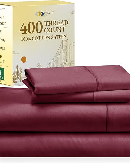 California Design Den 100% Cotton Sheets, Soft 4-Pc Queen Sheet Set, Cooling Sheets for Queen Size Bed, Deep Pockets, 400 Thread Count Sateen, Bedding Sheets & Pillowcases, Queen Sheets (Burgundy Red) - LeafyLoom