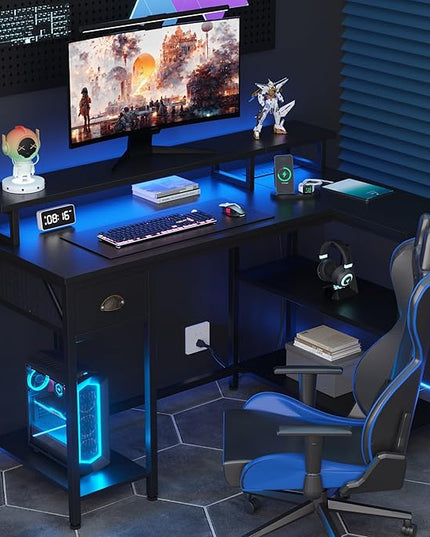 Shintenchi 50" L Shaped Computer Desk with 3-Tier Storage Shelves & Drawer, Reversible Gaming Desk with Monitor Stand & 32 Colors LED Lights, Modern Study Workstation for Home Office, Black - LeafyLoom