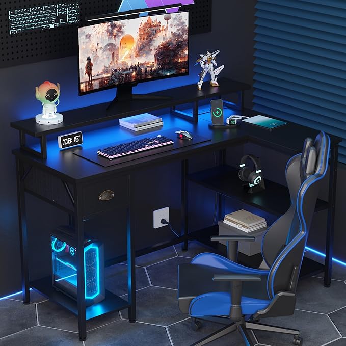 Shintenchi 50" L Shaped Computer Desk with 3-Tier Storage Shelves & Drawer, Reversible Gaming Desk with Monitor Stand & 32 Colors LED Lights, Modern Study Workstation for Home Office, Black - LeafyLoom